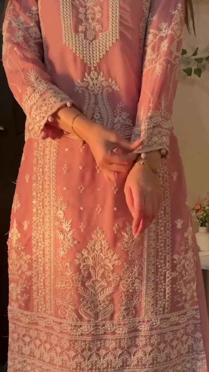 Peach Embroidered Kurta Palazzo Set with Dupatta – Elegant Festive Wear