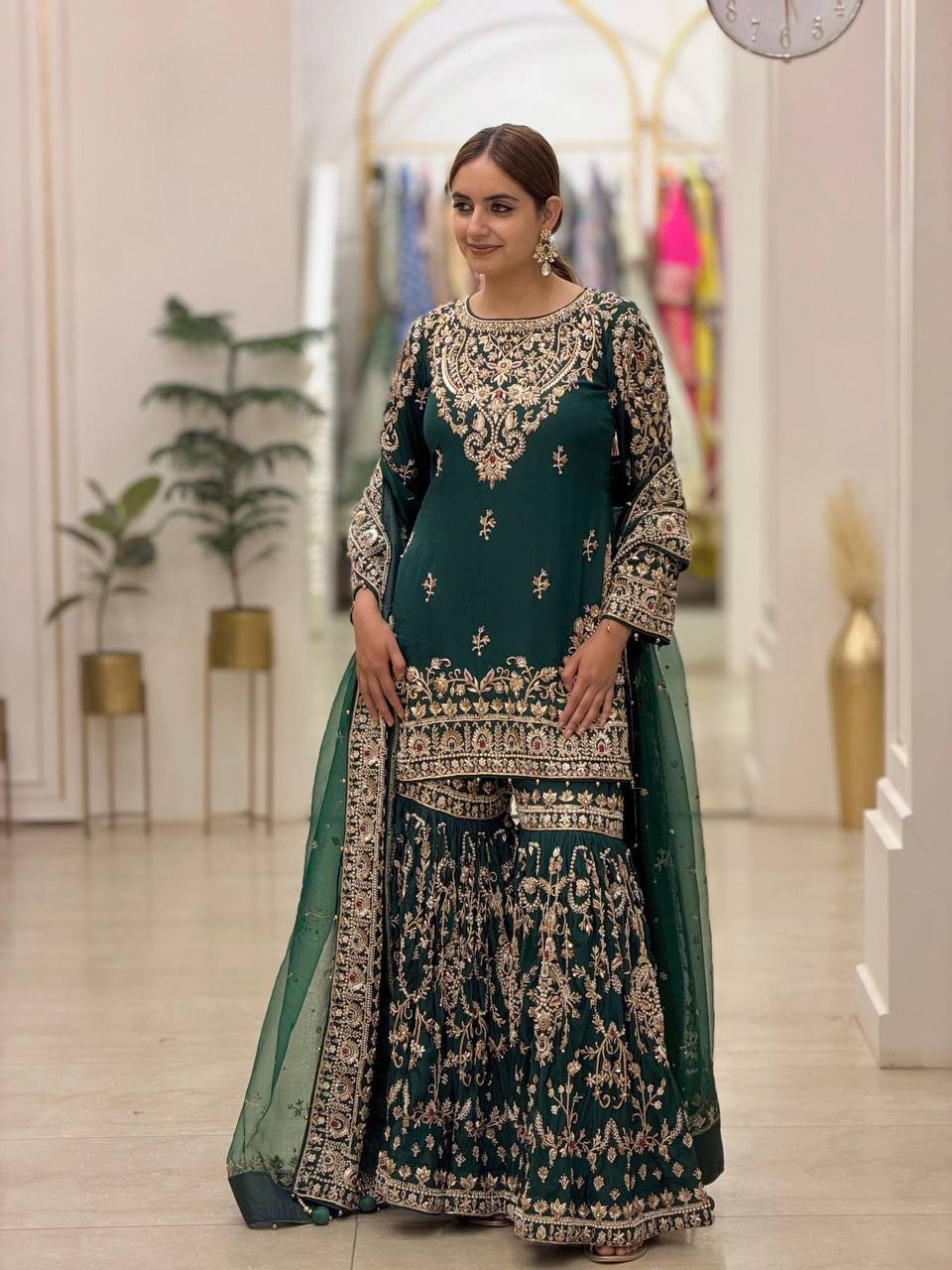 Heavy Faux Georgettec Sharara Suit Set with Meena Stone & Ceramic Moti Handwork