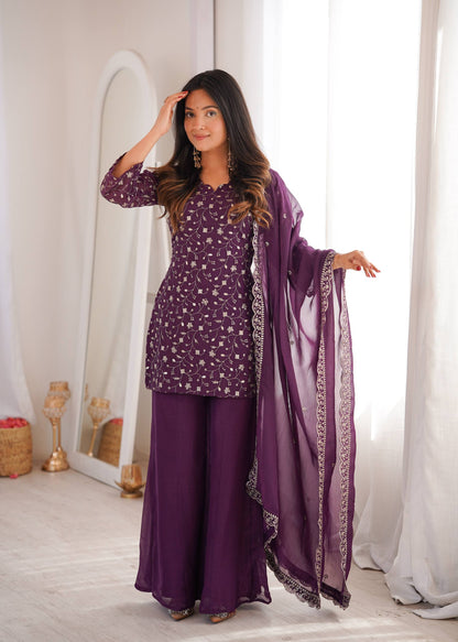 Designer Crunchy Silk Kurta Bell Bottom Set With Embroidery Sequence & Zari Work Dupatta
