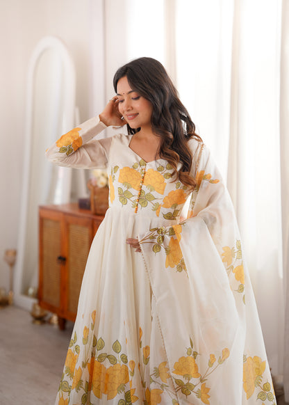 Women's Heavy Organza Silk Floral Print Anarkali Gown Set with Dupatt