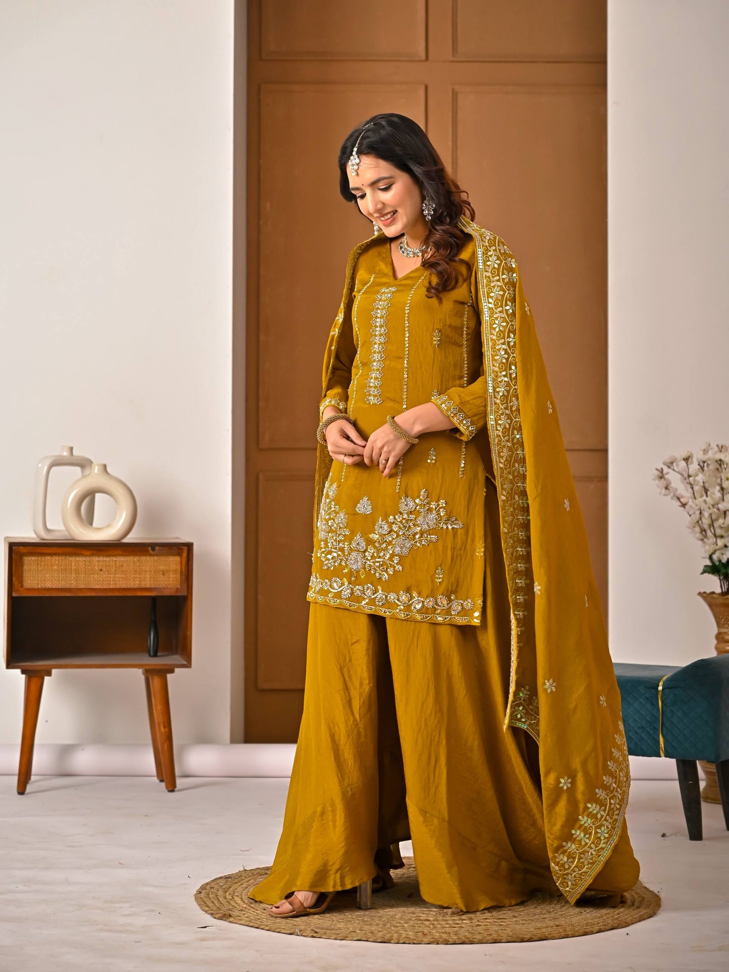 Women's Heavy NC Vichitra Embroidered Sharara Set with Dupatta