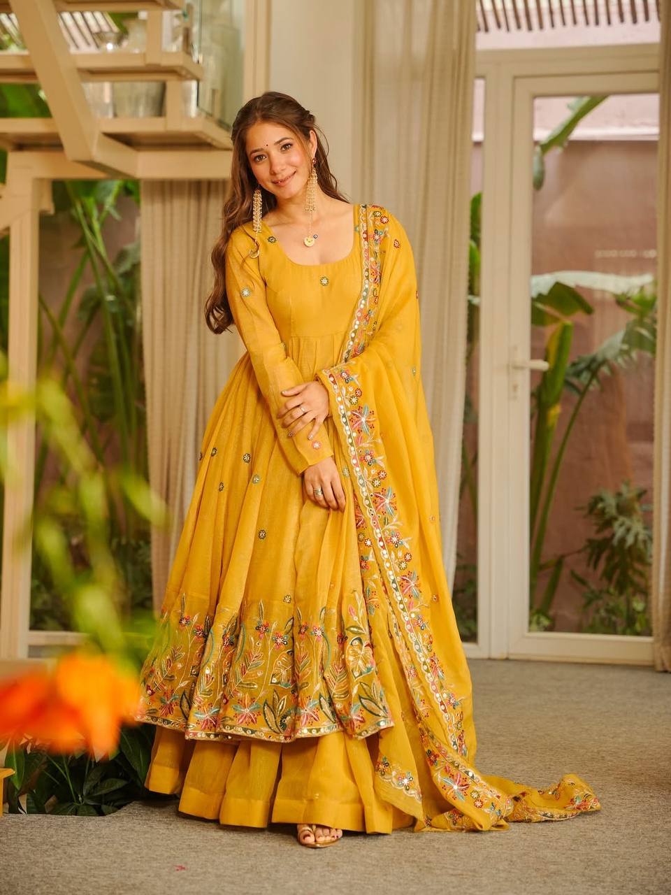 Elegant Crunchy Silk Anarkali Suit Set with Palazzo & Embroidered Dupatta for Women