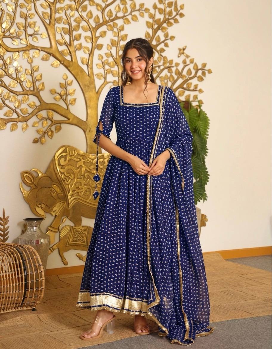 Bandhej Print Faux Georgette Gown Set with Dupatta & Bottom