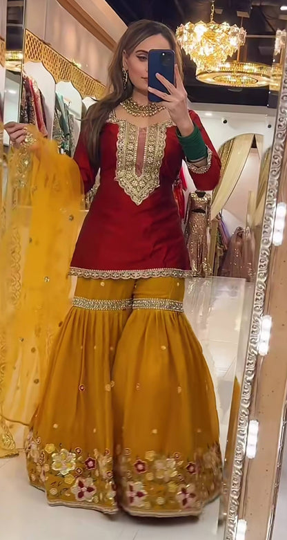 Heavy Faux Georgette Silk Embroidered Sharara Palazzo Set with Butterfly Net Dupatta