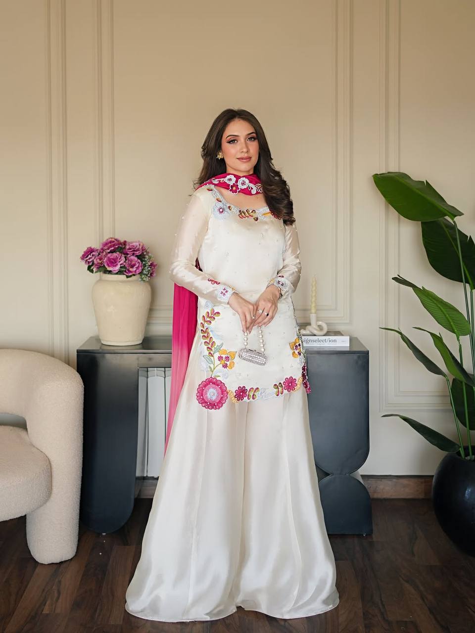 Heavy Roman Glass Silk Embroidered Sharara Suit Set with Chiffon Dupatta
