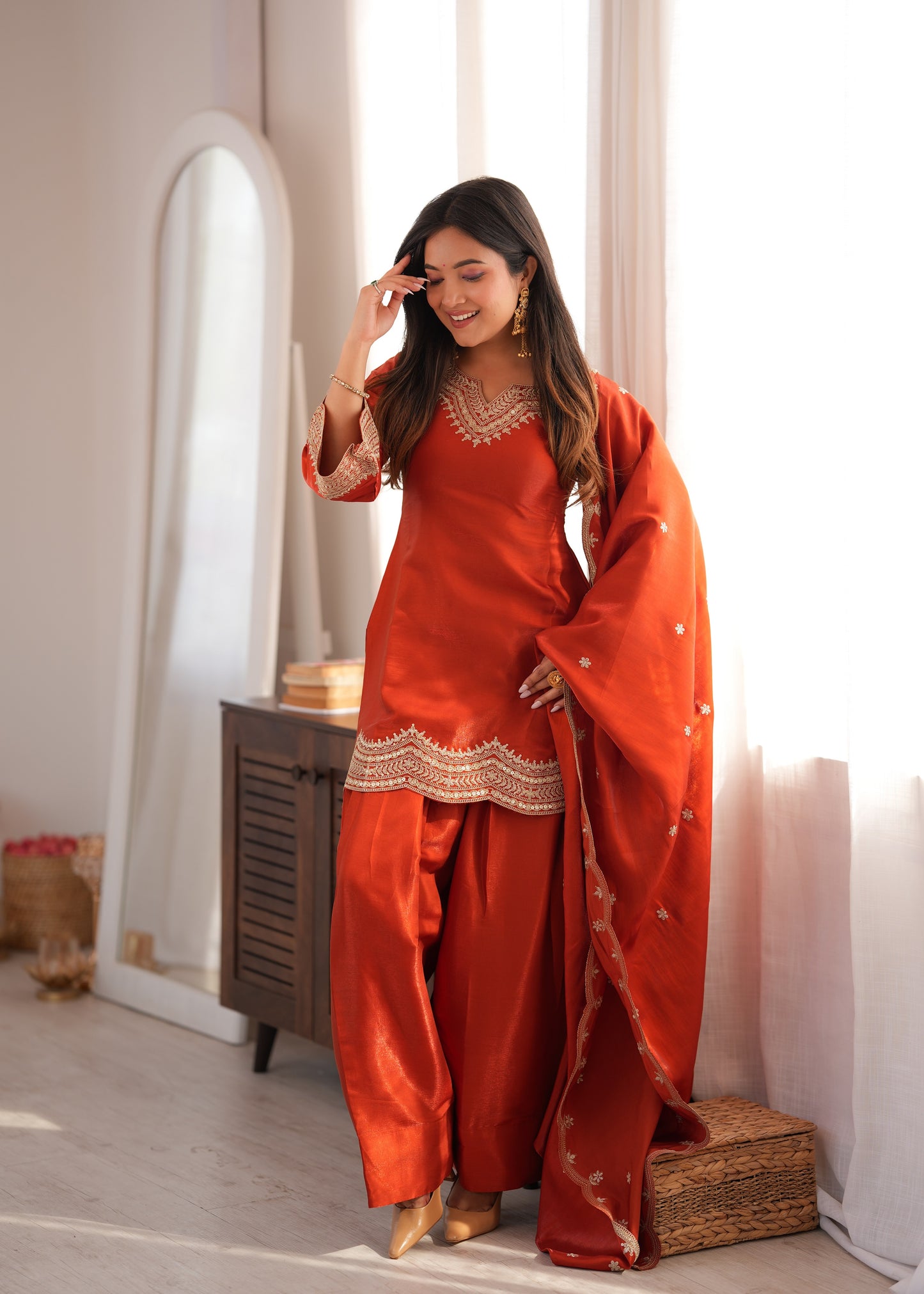 Designer Party Wear Farshi Suit Set | Glass Roman Silk | Ready to Wear