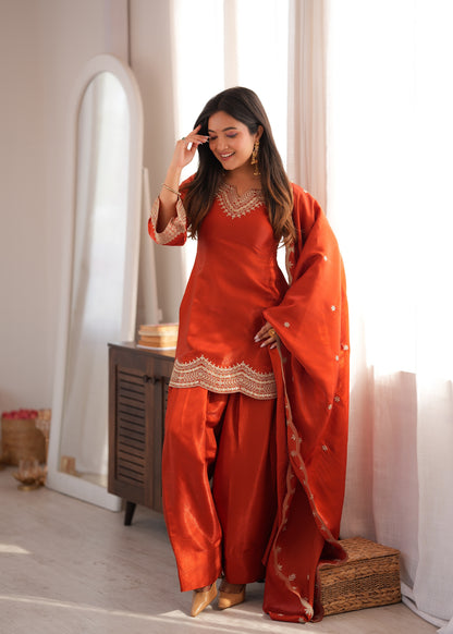 Designer Party Wear Farshi Suit Set | Glass Roman Silk | Ready to Wear