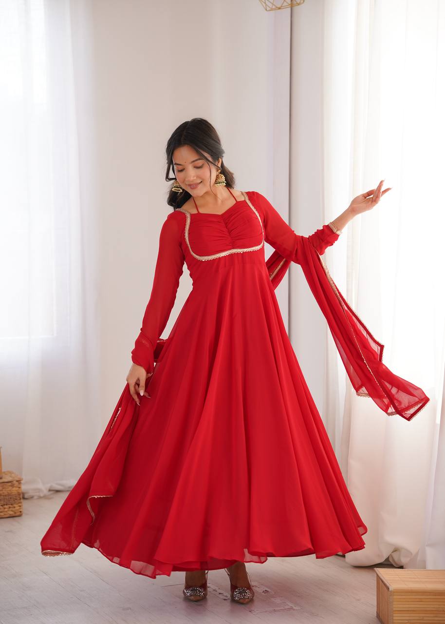 Premium Designer Fox Georgette Long Gown with Rich Flare & Lace Dupatta