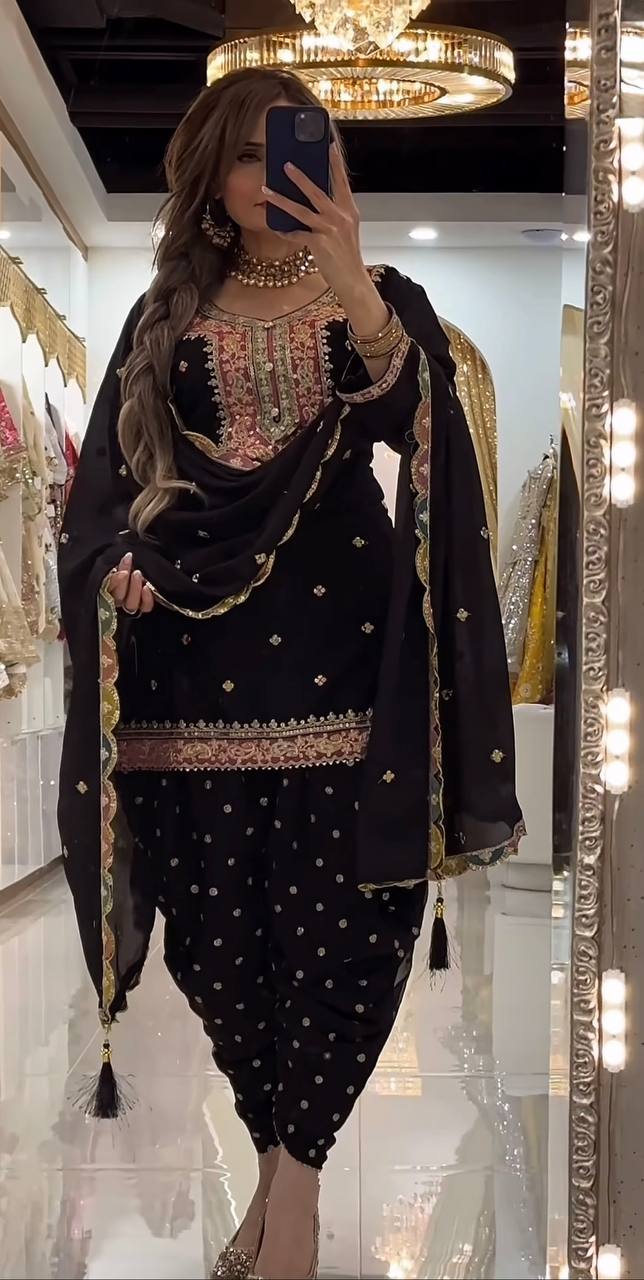 Premium Embroidered Georgette Dhoti Style Suit with Dupatta