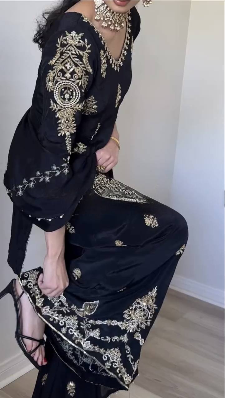 Heavy Chinnon Silk 5mm Sequence Embroidered Palazzo Suit With Dupatta