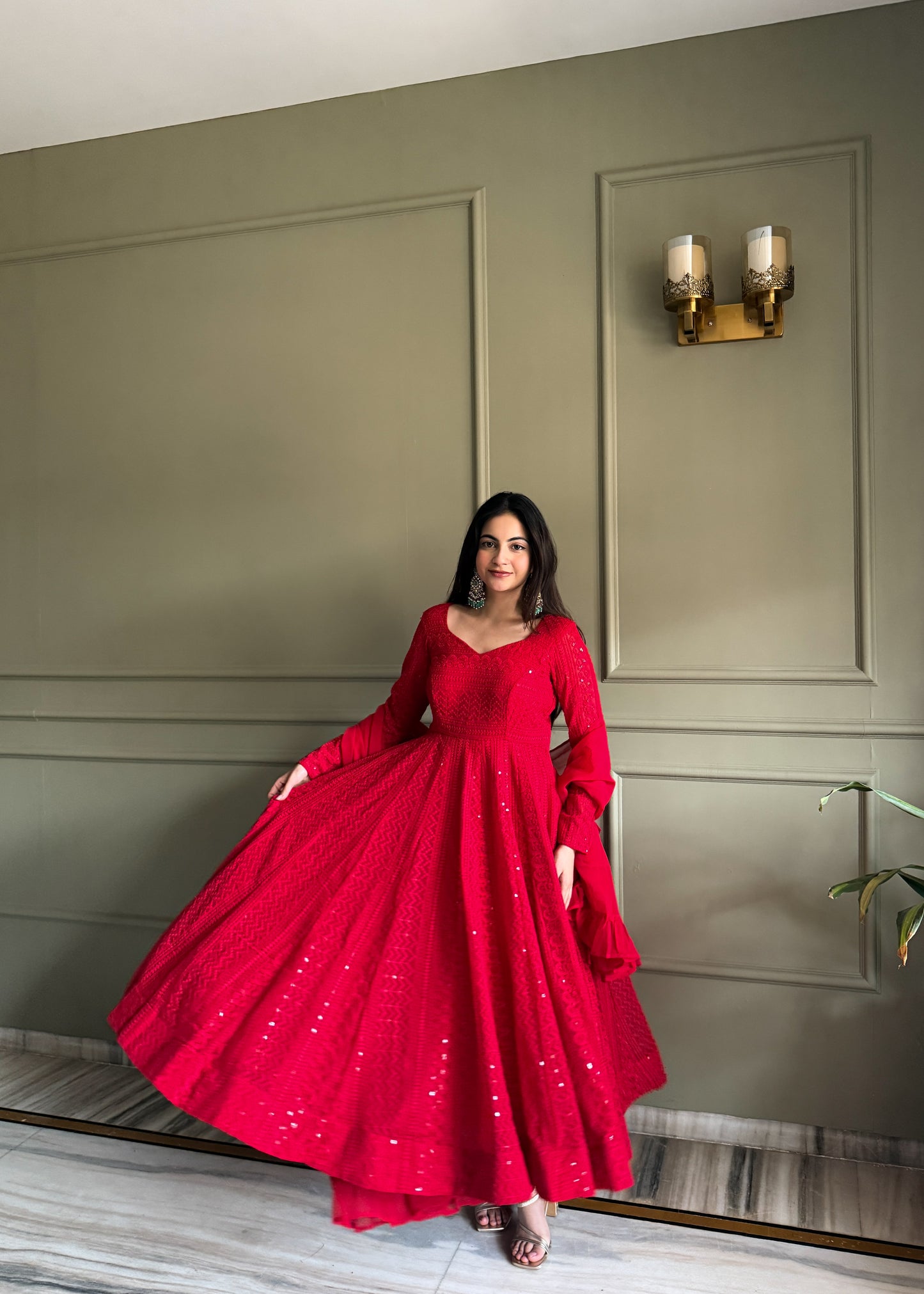 Heavy Fox Georgette Lucknowi Embroidered Anarkali Gown Set with Dupatta