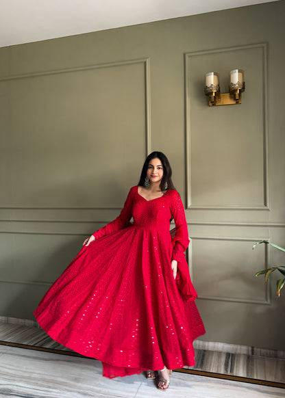 Heavy Fox Georgette Lucknowi Embroidered Anarkali Gown Set with Dupatta