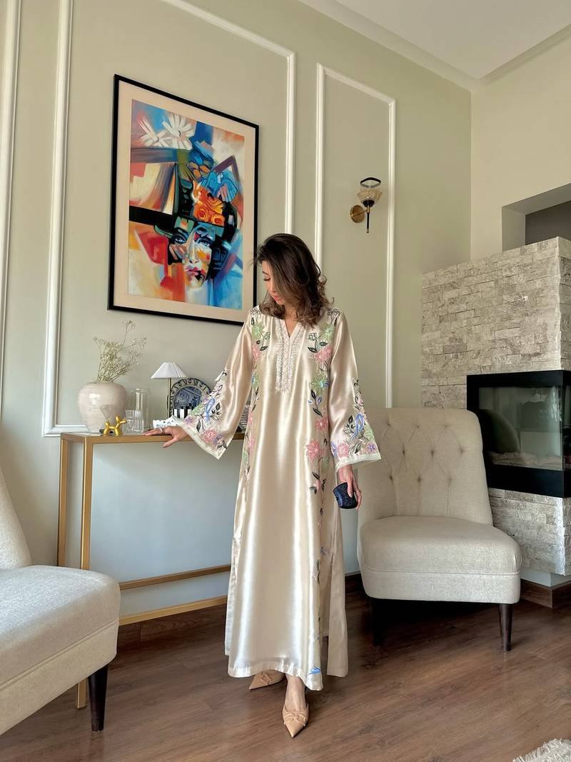 Women's Pure Roman Glass Embroidered Long Kaftan Set with Bottom & Dupatta