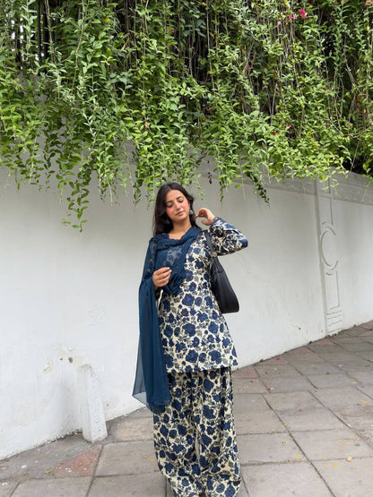 Premium Pure Cambric Cotton Kurti with Farshi Pant & Faux Georgette Dupatta Set