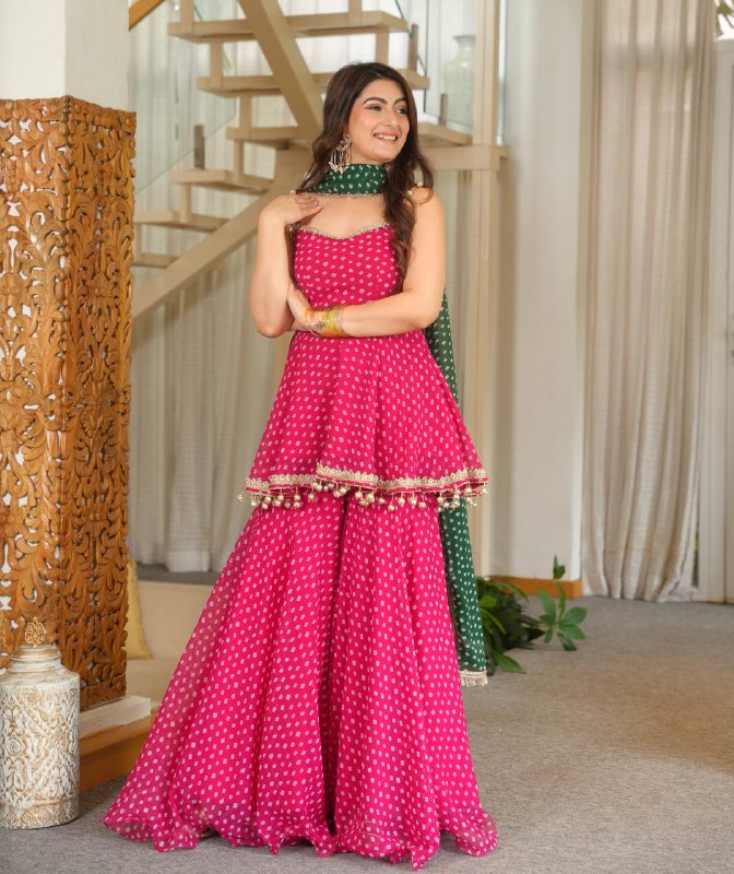 Designer Bandhej Print Kediya Palazzo Set With Dupatta