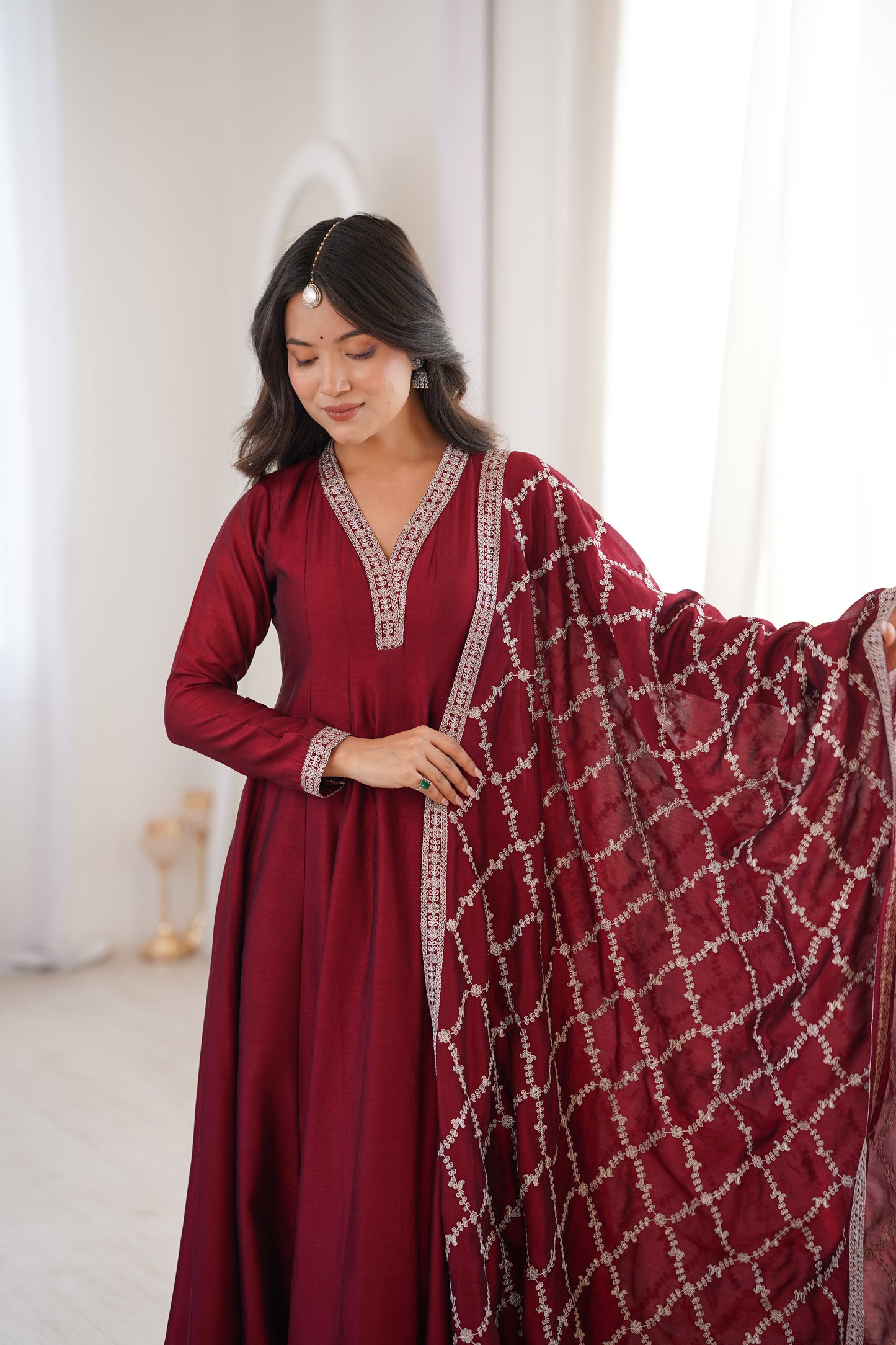 Royal Blooming Vichitra Silk Full Kali Anarkali Gown Set