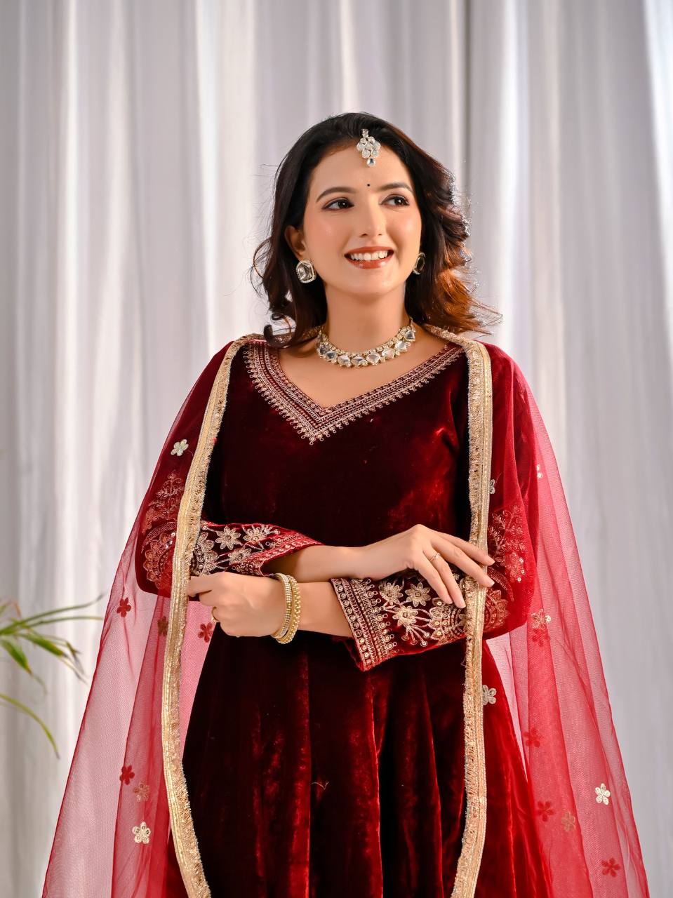 Royal Party Wear Velvet Anarkali Suit with Embroidered Net Dupatta
