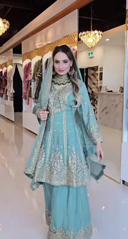 Heavy Chinon Silk Embroidered Top Sharara Palazzo Set with Dupatta
