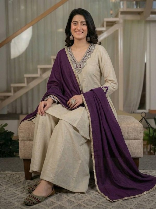 Women's Heavy Roman Silk Embroidered Sharara Suit Set with Hand Work, Chinnon Silk Dupatta