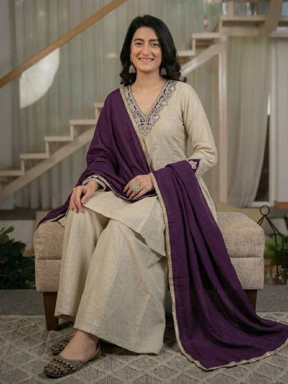 Women's Heavy Roman Silk Embroidered Sharara Suit Set with Hand Work, Chinnon Silk Dupatta