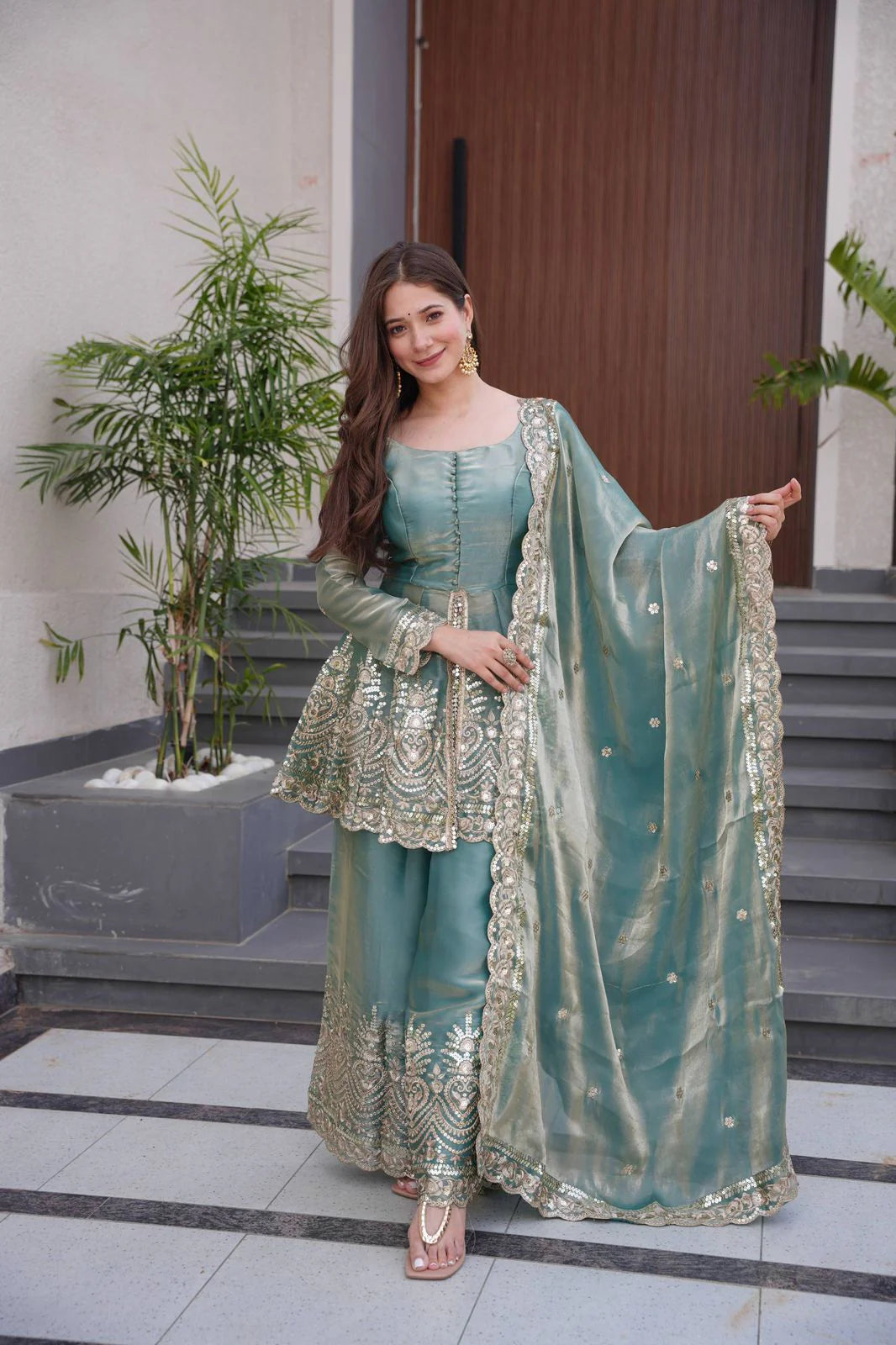 Designer Party Wear Two-Tone Fendy Satin Silk Gown Sharara Set with Heavy Embroidery, Real Mirror Work & Dupatta