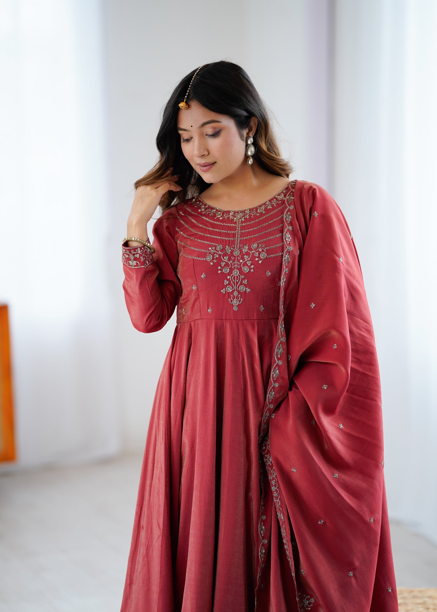 Designer Anarkali Gown Set with Handwork Dupatta & Pant