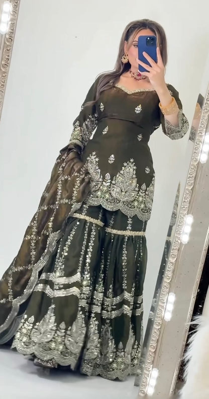 Mustard Designer Sharara Suit Set | Heavy Fandy Crush with 5mm Sequin & Embroidery Work