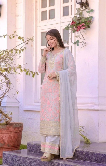 Elegant Faux Georgette Embroidered Kurta Plazzo Set with Dupatta
