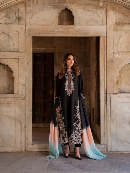 Women's Designer Embroidered Satin Rayon Kaftan Set with Pant & Shaded Chiffon Dupatta