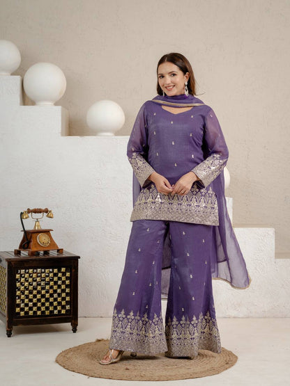 Graceful Sequin Embroidered Crunchy Silk Kurta Palazzo Set