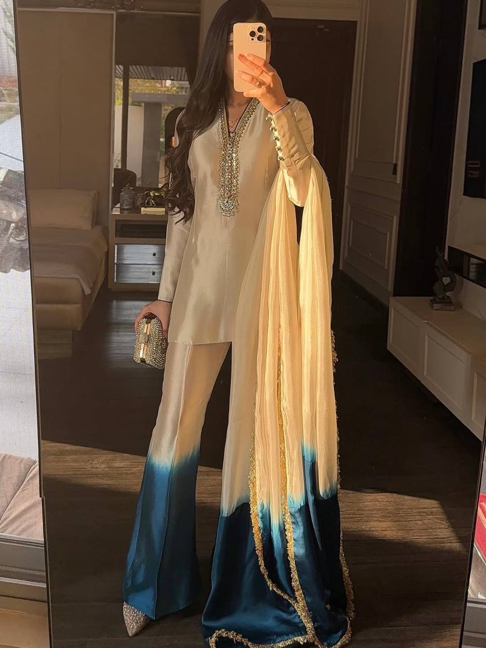 Premium Roman Glass Embroidered Top with Dual Tone Palazzo & Organza Silk Dupatta