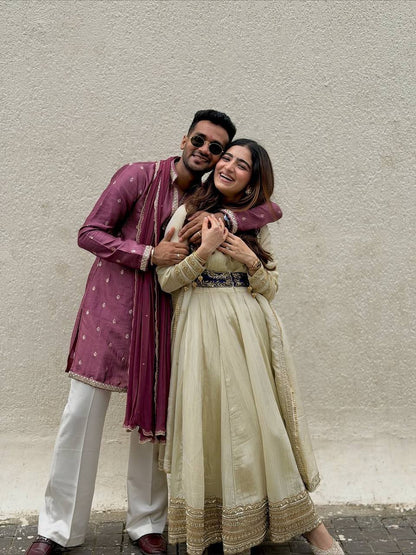 Wedding Ready Chinon Silk Kurta Set with Stylish Layered Koti
