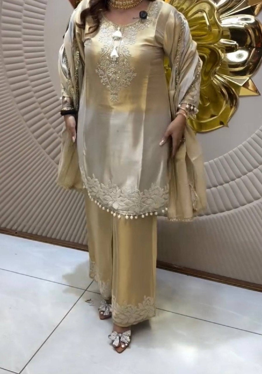 Designer Dual Tone Banarasi Silk Kurti Plazzo Set with Dupatta