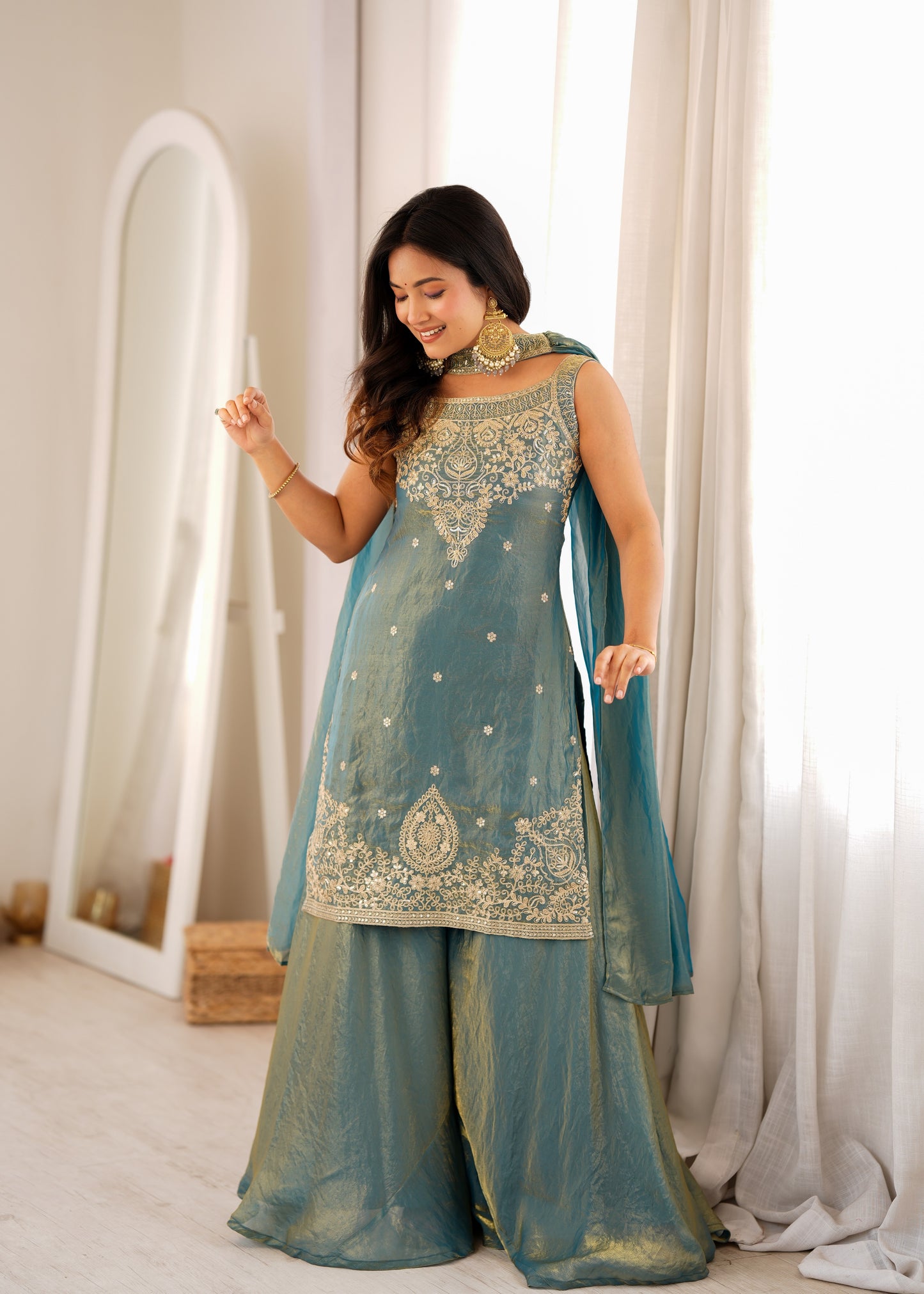 Premium Pure Fendy Silk Embroidered Sharara Set with Dupatta