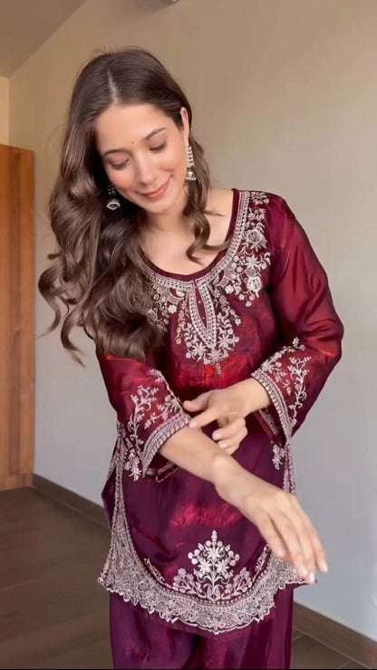 Elegant Fendy Silk Sharara Set with Sequin Embroidery