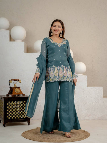 Heavy Crunchy Silk Embroidered Kurta Set with Palazzo & Dupatta