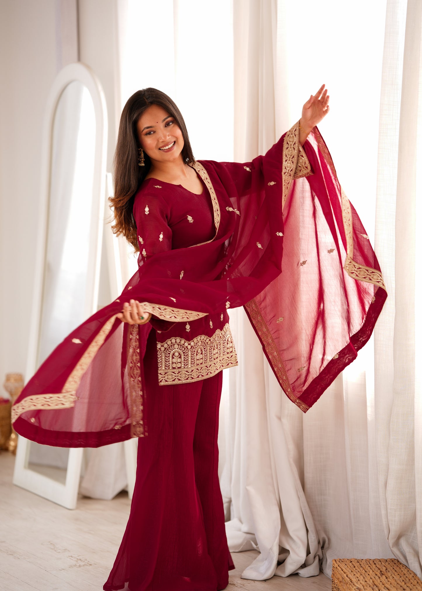 Designer Crunchy Silk Embroidered Kurta Bell Bottom Pant Set with Dupatta