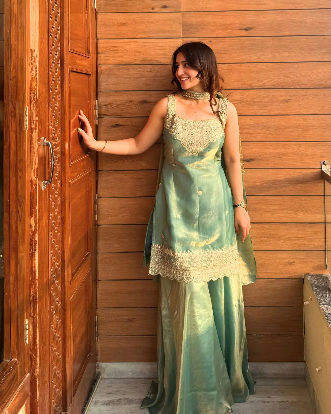 Women's Heavy Fandy Silk Embroidered Sharara Suit Set With Dupatta