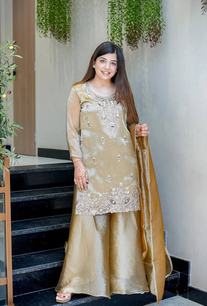 Elegant Heavy Embroidered Satin Suit Set for Women