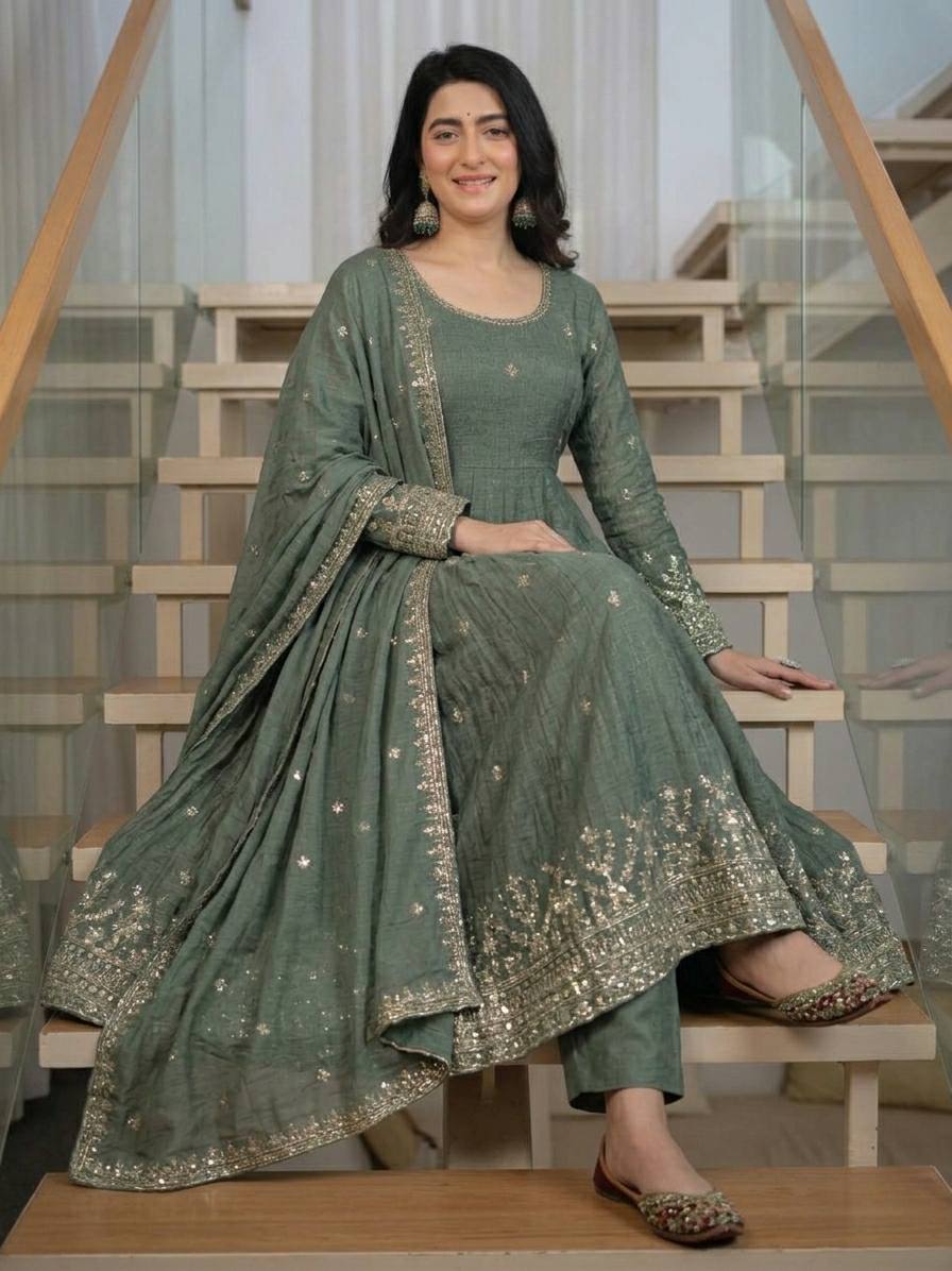 Women's Heavy Crunchy Silk Anarkali Suit Set with Embroidered Dupatta