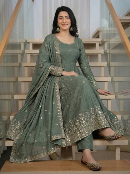 Women's Heavy Crunchy Silk Anarkali Suit Set with Embroidered Dupatta