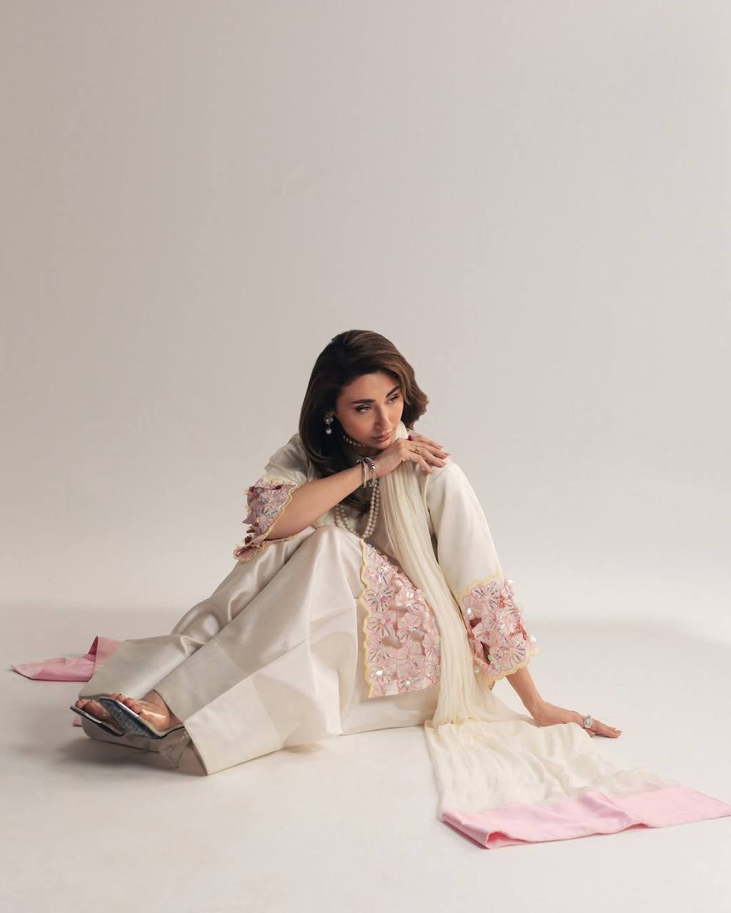 Designer Crepe Silk Farshi Salwar Suit with Moti Work