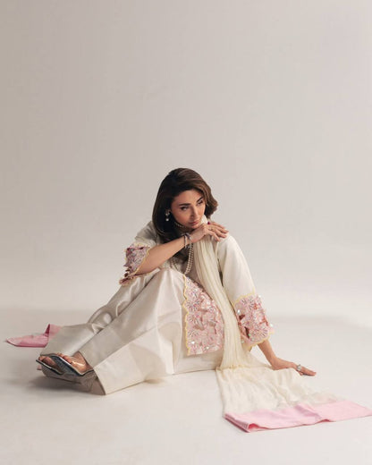 Designer Crepe Silk Farshi Salwar Suit with Moti Work