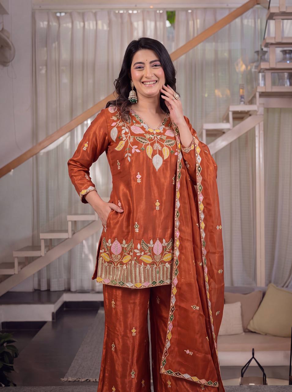 Premium Sindoori Satin Silk Embroidered Palazzo Suit Set for Women