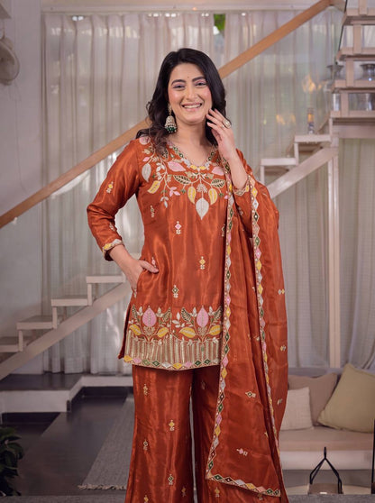 Premium Sindoori Satin Silk Embroidered Palazzo Suit Set for Women