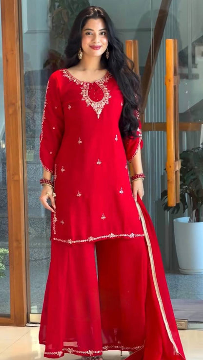 Heavy Faux Georgette 5mm Sequence Embroidered Palazzo Suit With Stone Handwork & Lace Dupatta