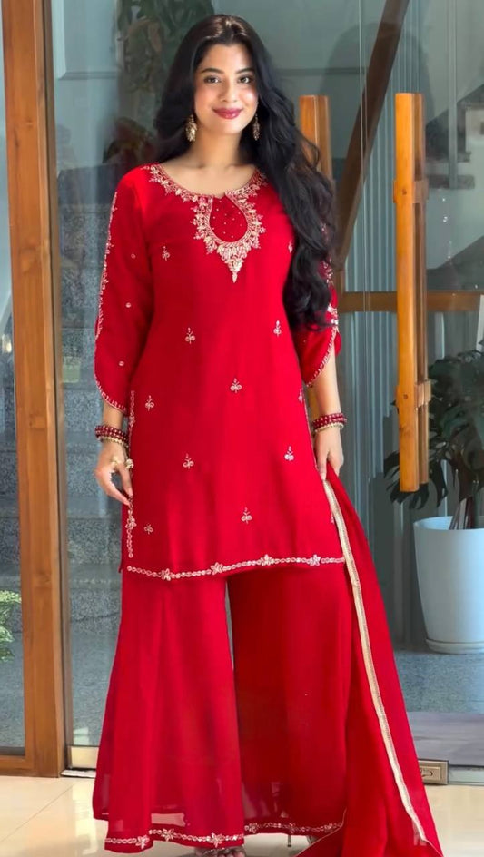 Heavy Faux Georgette 5mm Sequence Embroidered Palazzo Suit With Stone Handwork & Lace Dupatta