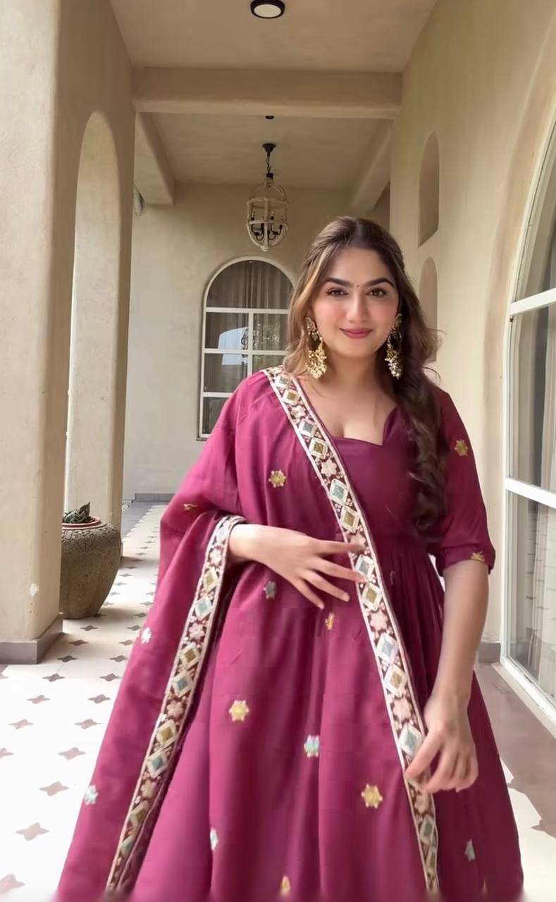 Heavy Natural Crepe Silk Embroidered Anarkali Suit Set with Palazzo & Dupatta