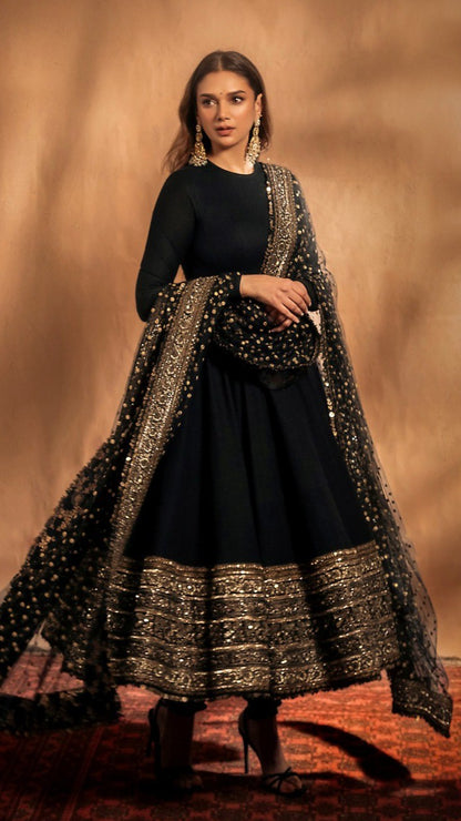 Aditi Arora Worn Black Roman Silk Anarkali Embroidered Gown | Wedding & Festive Wear