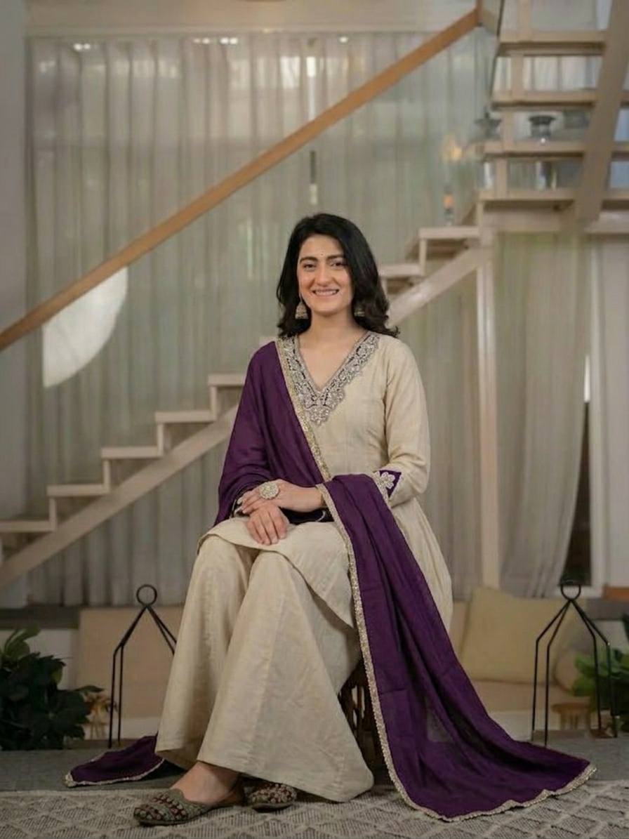 Women's Heavy Roman Silk Embroidered Sharara Suit Set with Hand Work, Chinnon Silk Dupatta